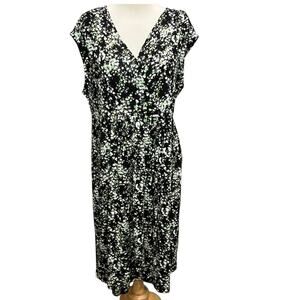 Soma Jersey Dress Womens L Black Multi Floral Surplice Faux Wrap Comfort Cottage